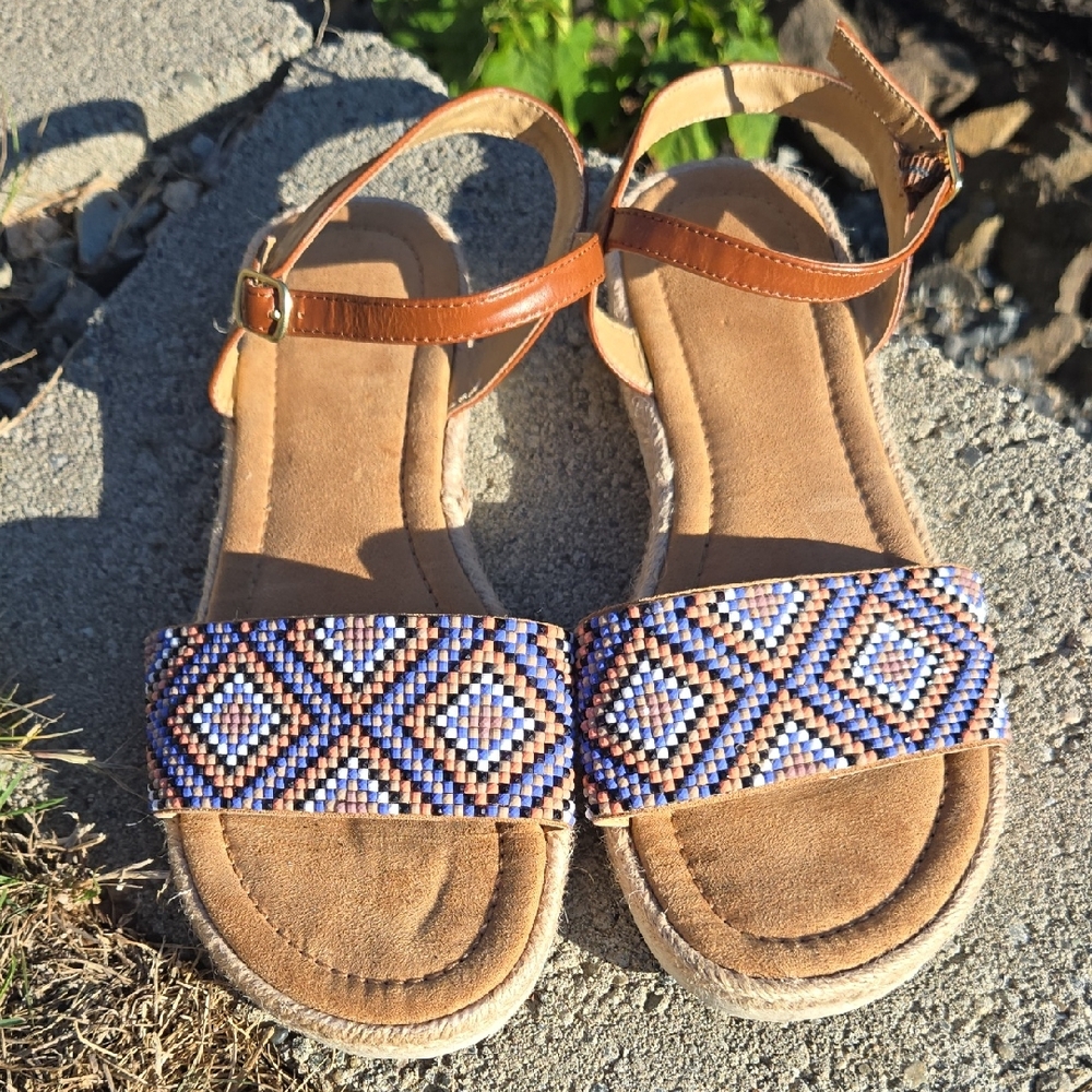 SO Tan and Blue Beaded Sandals